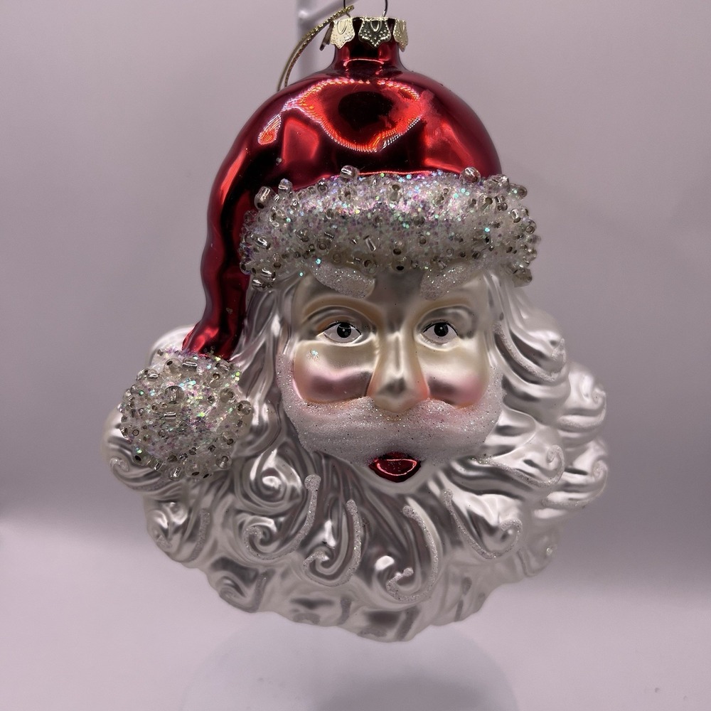 Vtg Hand Blown Glass Jumbo Santa Claus Ornament Glitter Beads 6.5"